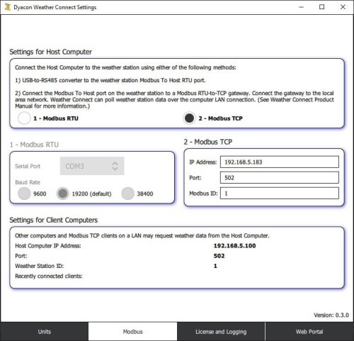 Weather Connect Settings Modbus TCP